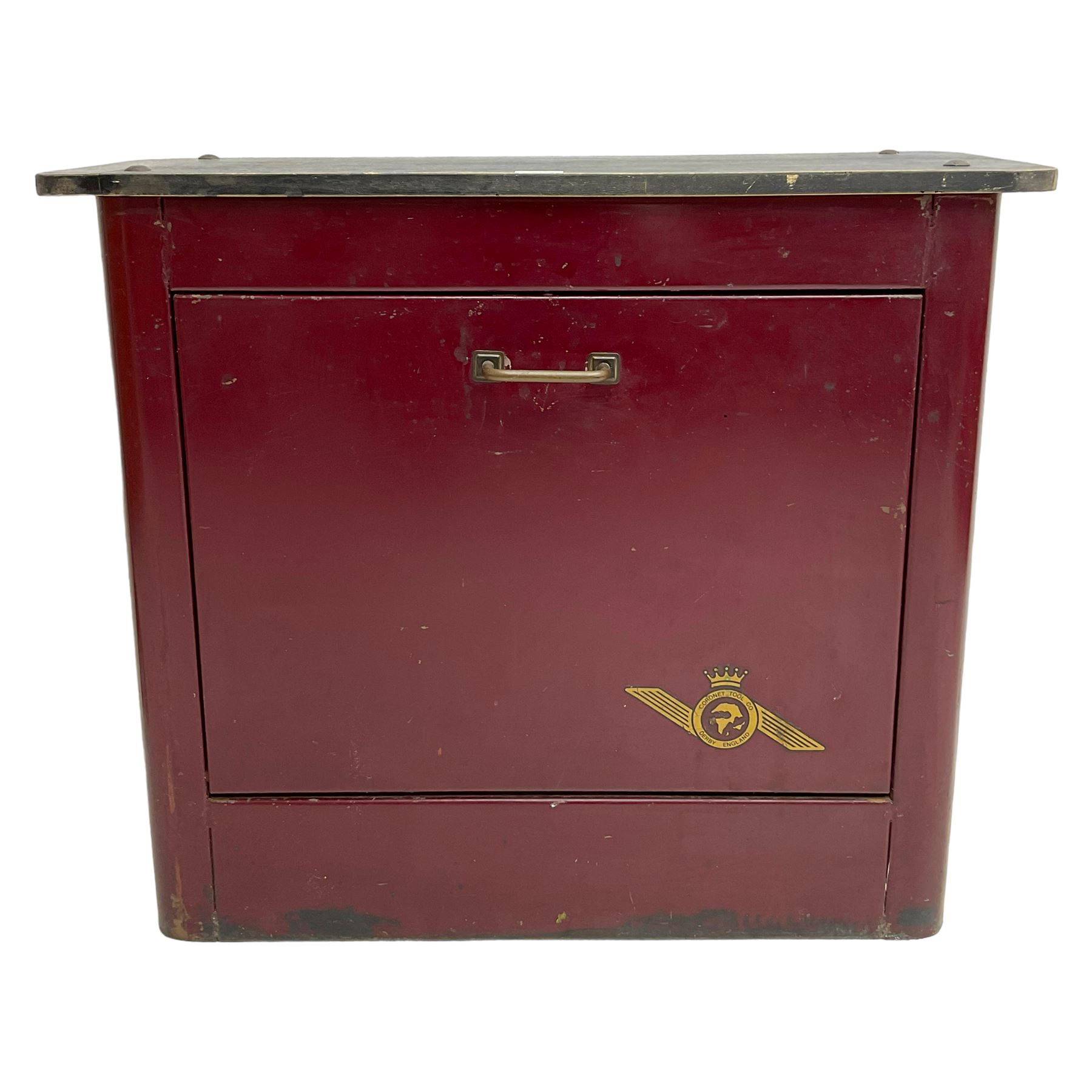 The Coronet Tool Co. Derby - early to mid-20th century maroon finish industrial metal workshop cabinet, fall front door enclosing a single shelf, fitted with brass handle