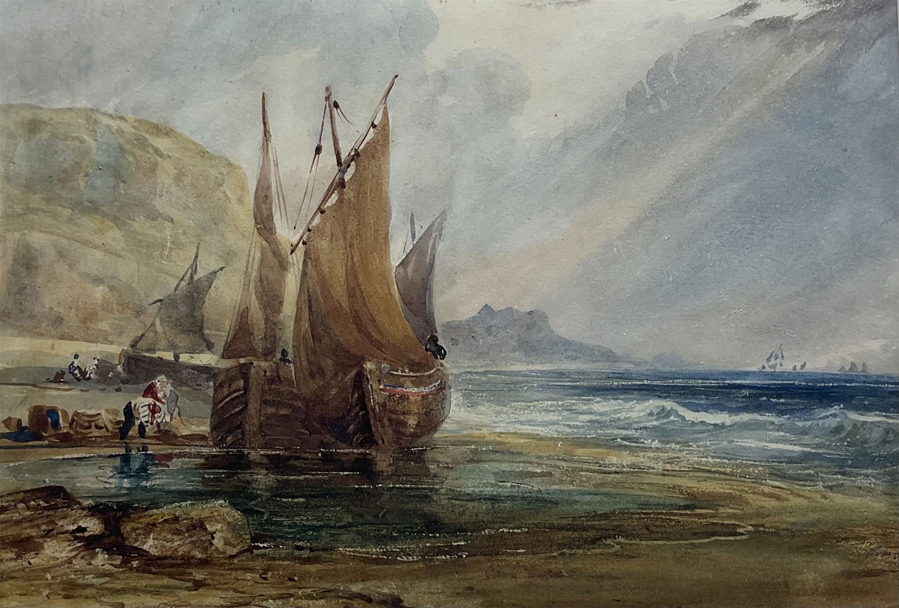 Manner of Henry Barlow Carter (British 1804-1868): Boats Unloading on the Shore, watercolour unsigned, various labels verso 17cm x 24cm