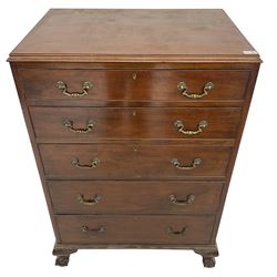 Early 20th century Georgian design chest, fitted with five graduating cock-beaded drawers, lower moulded edge over ogee supports with ball and claw feet