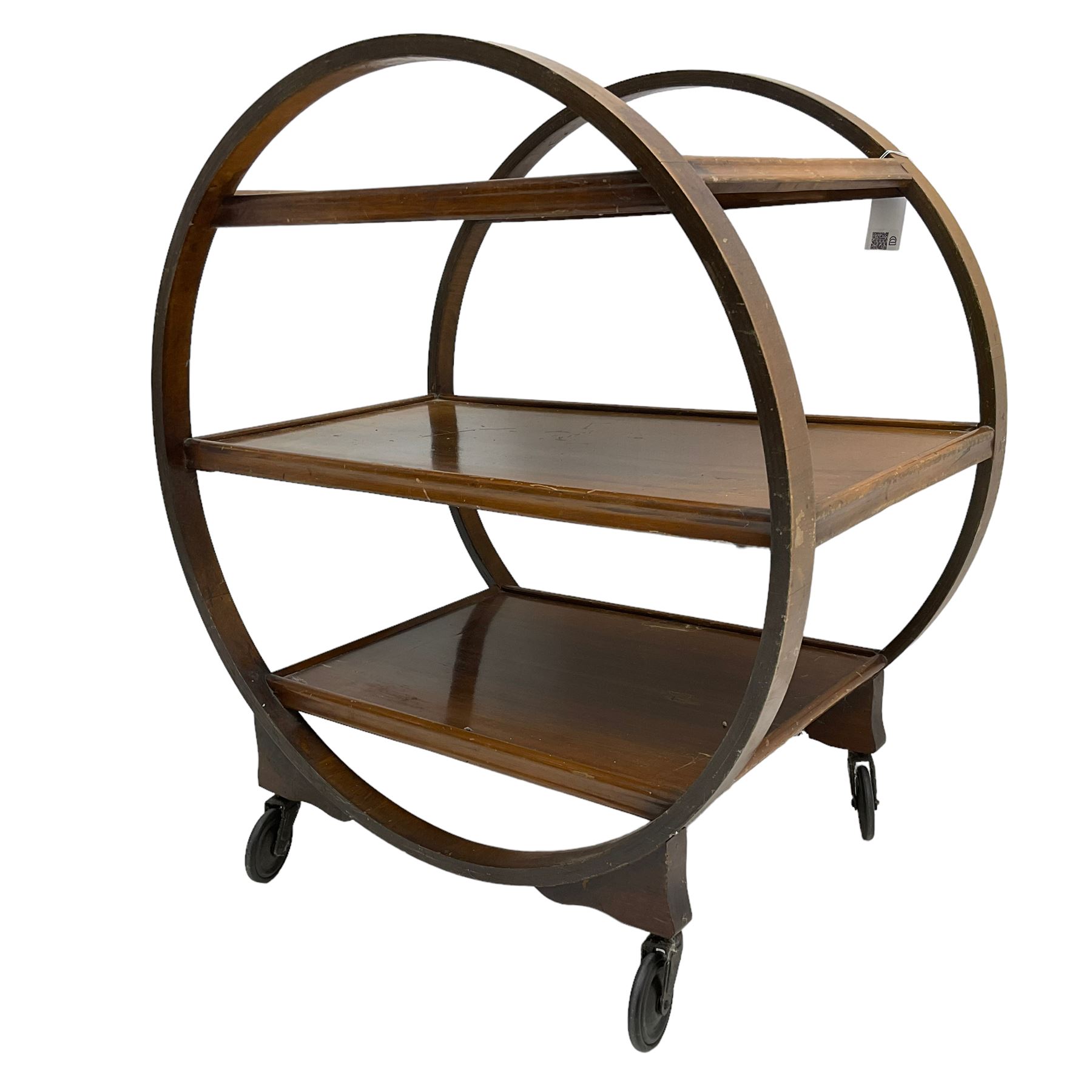 1930s Art Deco period walnut Moon drinks trolley, three tiers encased by two circular supports, raised on castors