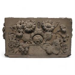 19th century rectangular coade stone casket , the front panel with a spray of flowers, the sides with lion masks 30cm x 15cm x 17cm