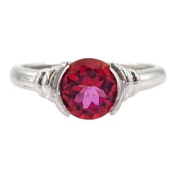 9ct white gold single stone round red topaz ring, hallmarked