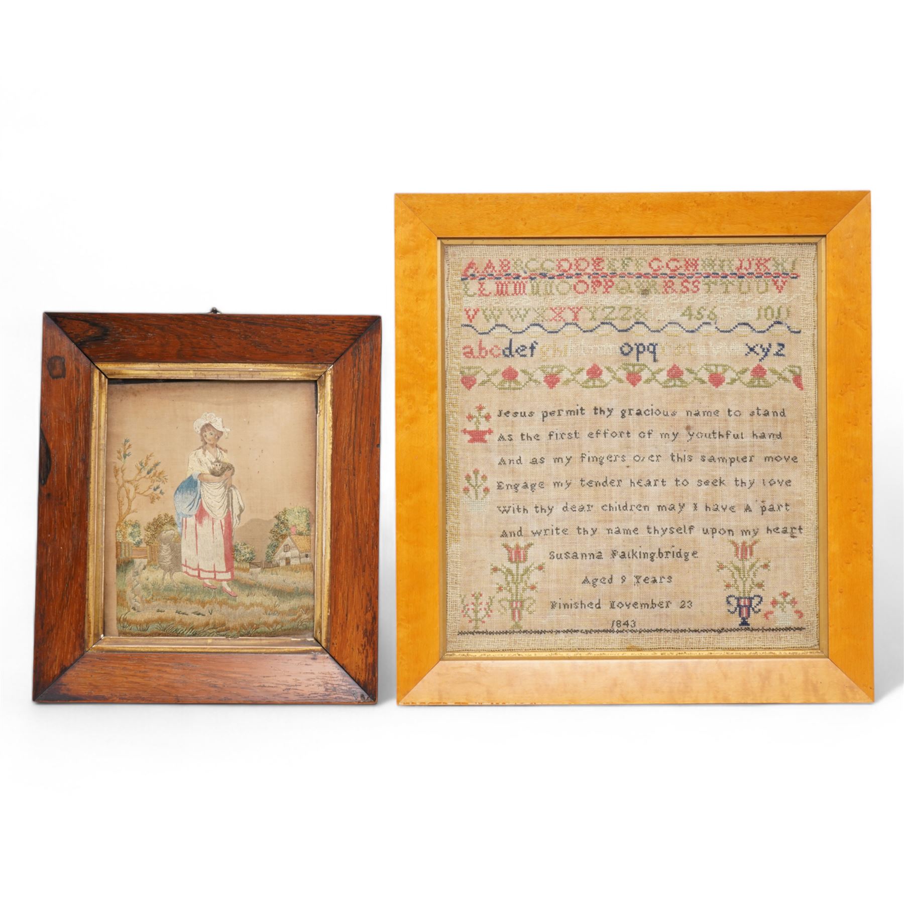 Late 18th century silkwork picture, depicting a shepherdess and lamb, in rosewood frame, later inscribed 'worked in 1792 by Hannah Price' verso overall 31cm x 27cm; together with a Victorian framed needle sampler, with 'Jesus permit thy gracious name' verse, dated 1843, in birds-eye maple frame, overall 41cm x 38cm (2)