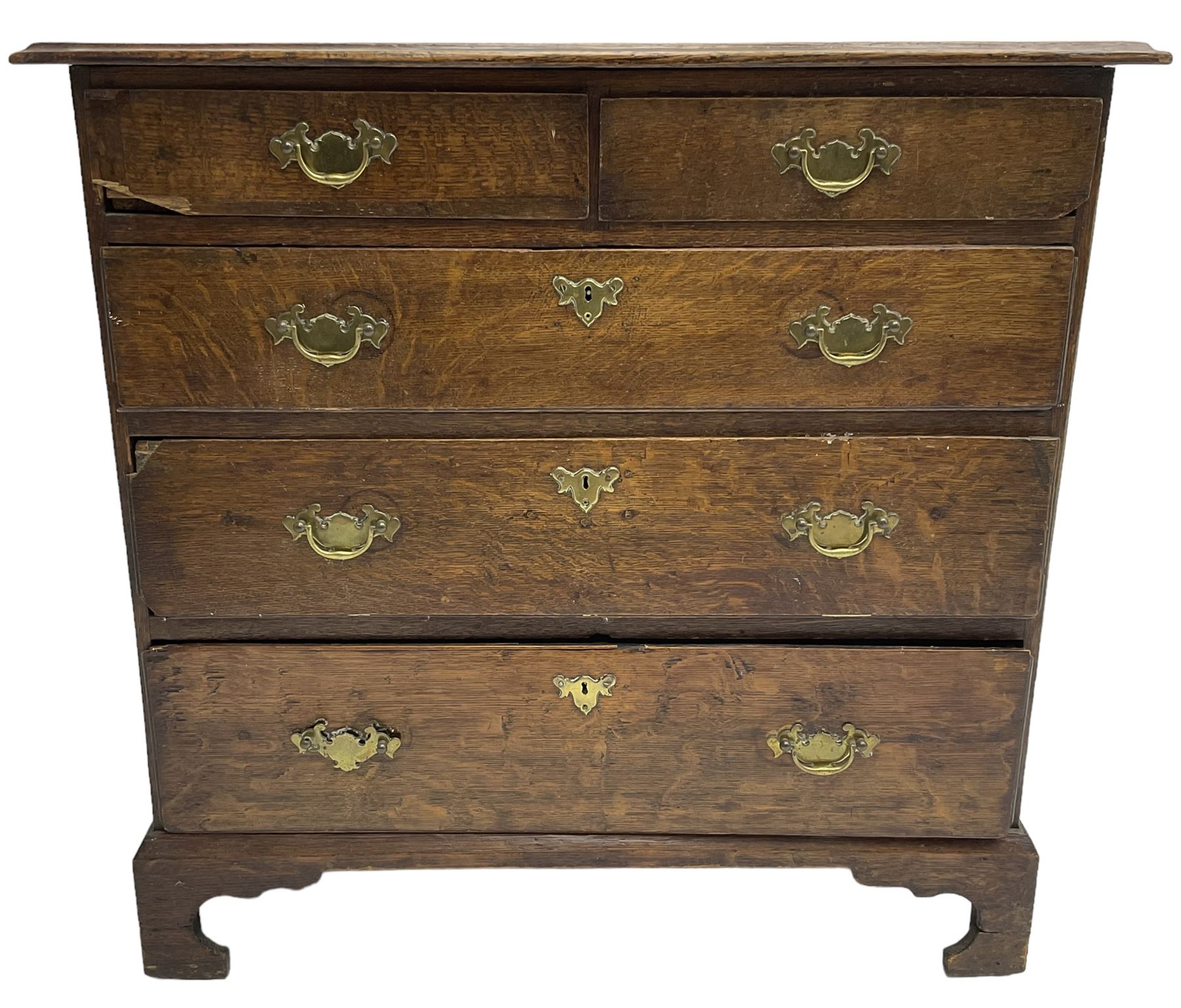 George III oak chest, moulded rectangular top over two short and three long graduating drawers, raised on bracket feet