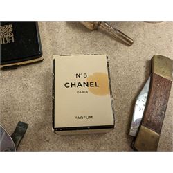 Chanel No. 5 perfume miniature, glass scent bottle, two Biba powder compacts, AA badge and other collectables