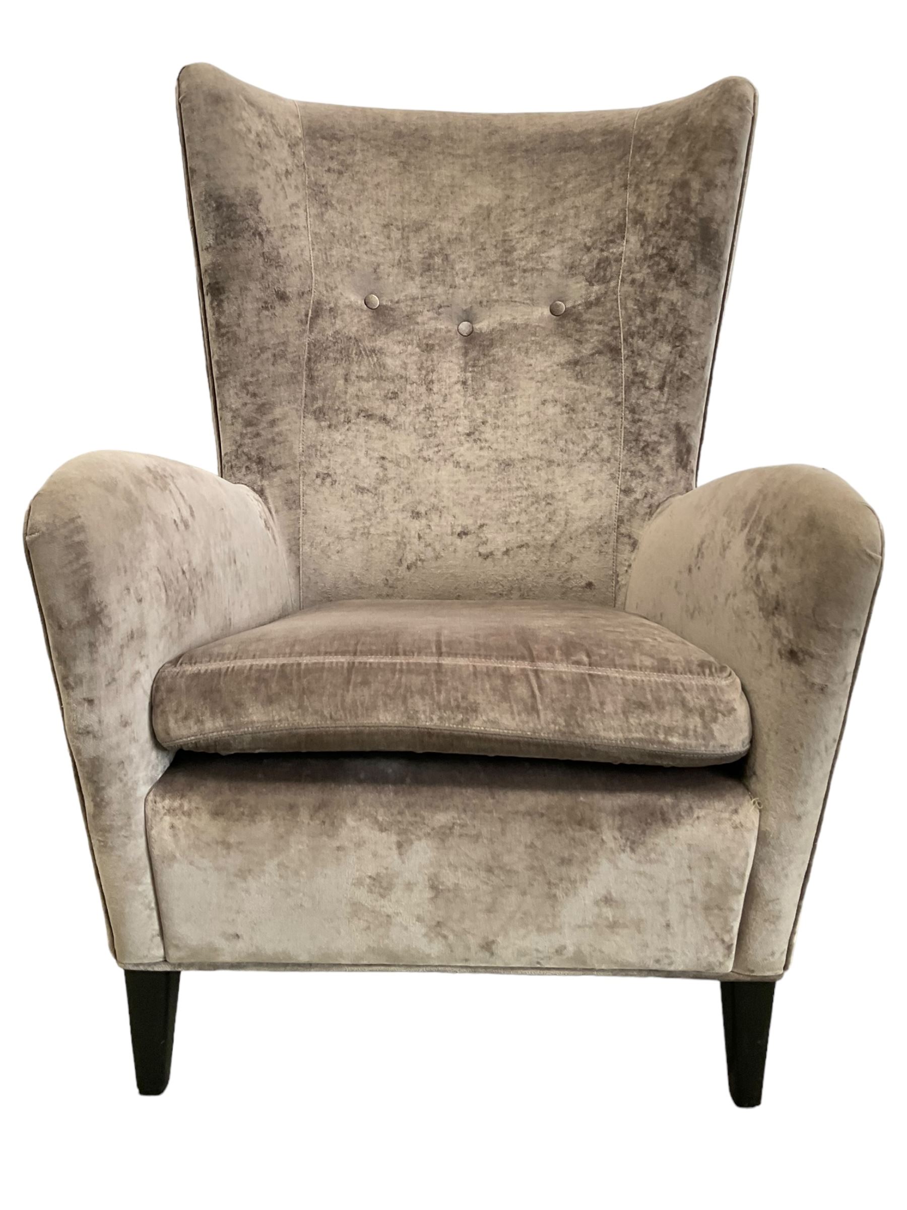 2 x Wing back armchair upholstered in silver crushed velvet fabric