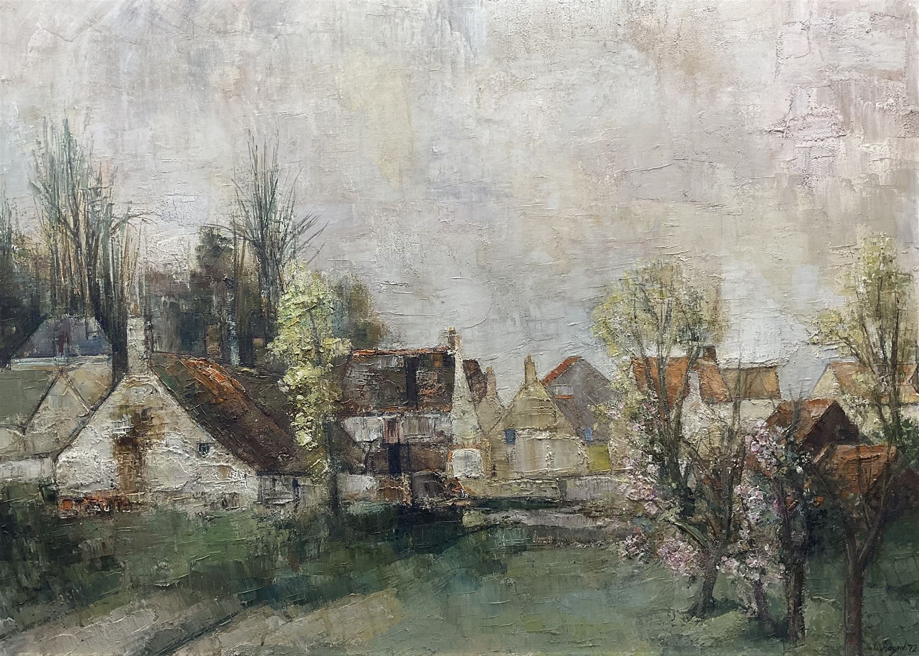 Giulio Bagnoli (Italian 1927-1978): Spring Village Scene, oil on canvas signed and dated '72, 78cm x 108cm 