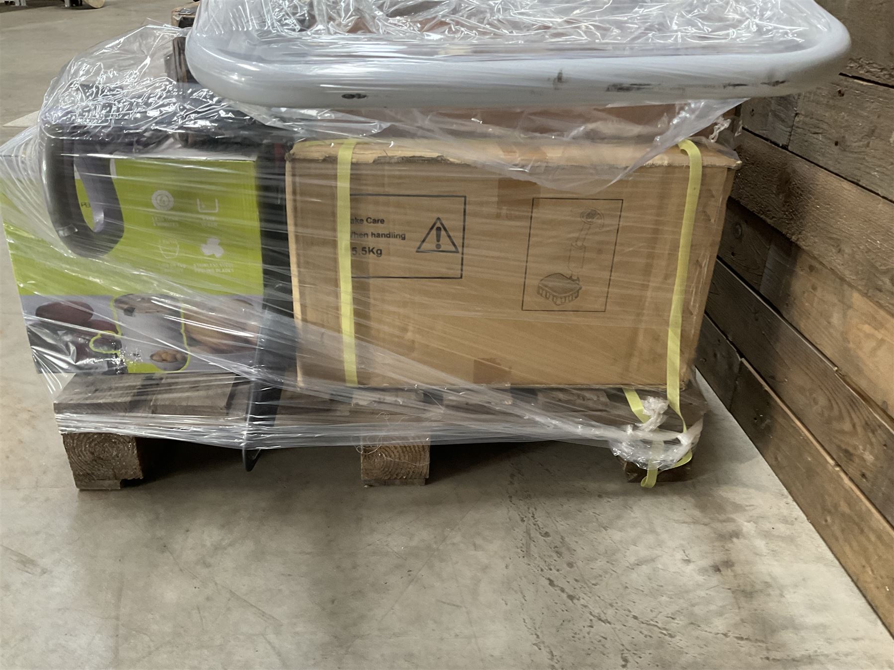 Four pallets of domestic goods to include, cleaning equipment, vacuums, exercise equipment, cooking items, Brother printer, garden loungers, irons and more… approx. 60 items