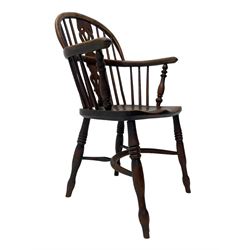 19th century yew wood and elm Windsor armchair, low double hoop stick and pierced splat back, dished seat on turned supports united by crinoline stretchers