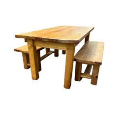 Pine dining table, rectangular plank top on square supports (181cm x 91cm, H80cm); together with two benches (133cmx 41cm, H47cm)