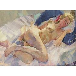 Trevor Stubley (British 1932-2010): 'Summer '85 Study' Nude, oil on board signed, titled verso 30cm x 40cm 