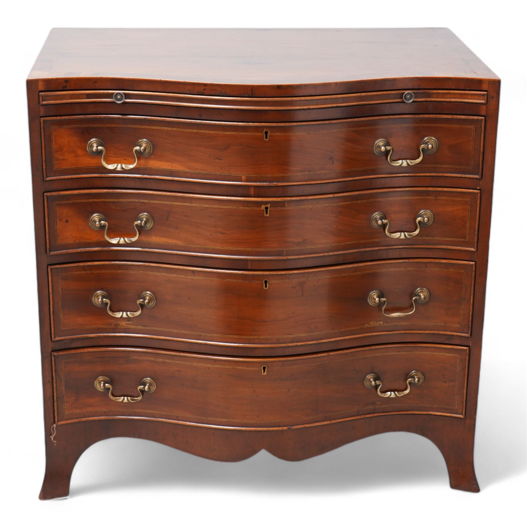 Georgian design yew wood serpentine chest, crossbanded top over brushing slide and four graduating cock-beaded drawers, brass swan neck handles and circular plates, shaped apron with splayed bracket feet 