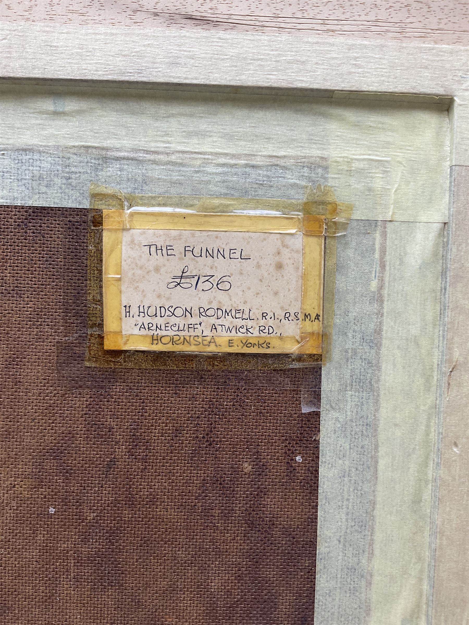 Harry Hudson Rodmell (British 1896-1984): 'The Funnel', oil on board signed, original title label with artist's Hornsea address verso 59cm x 45cm