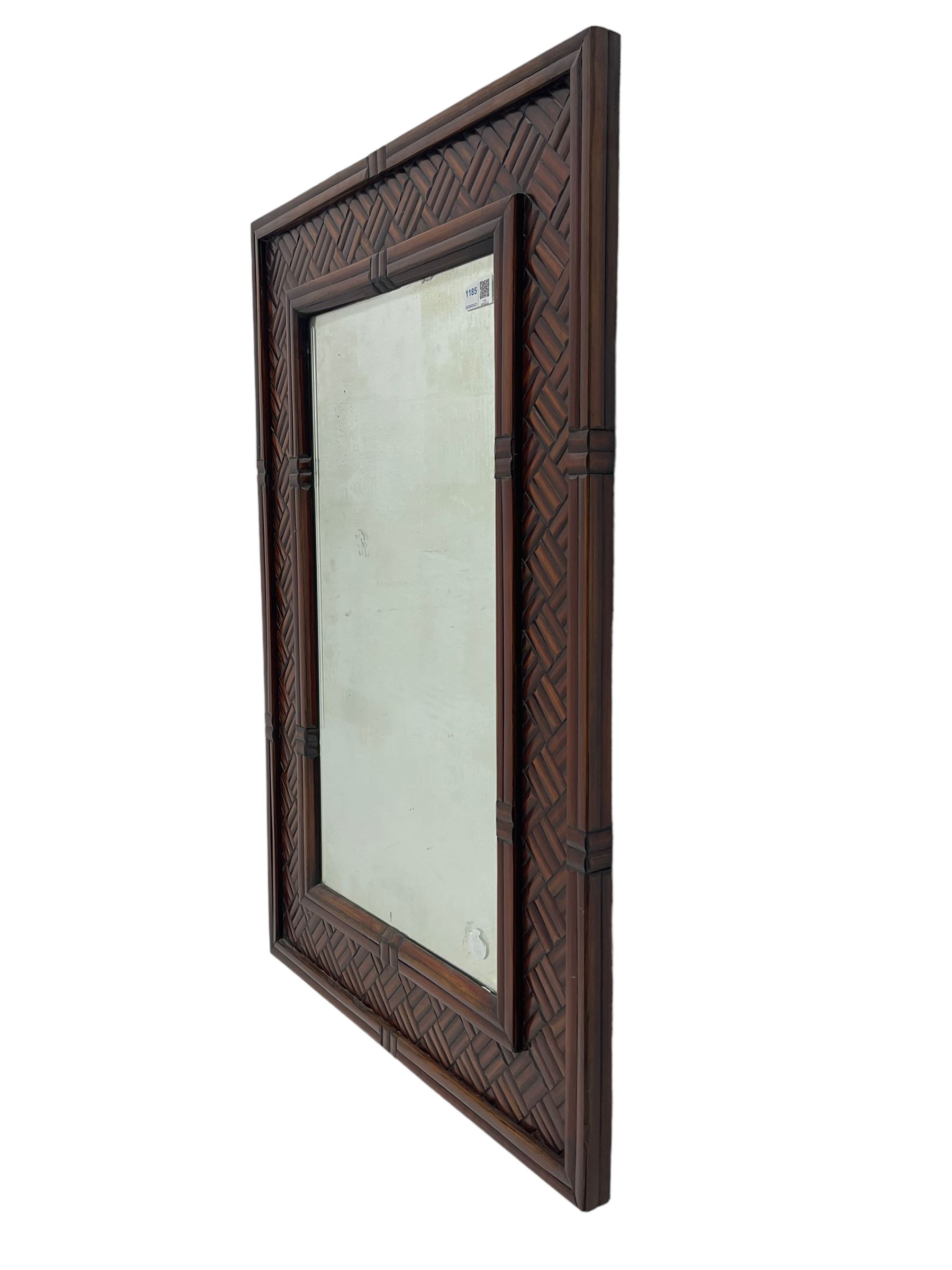 Chinese design bamboo and wood rectangular wall mirror, parquetry lattice-work bamboo, bevelled plate