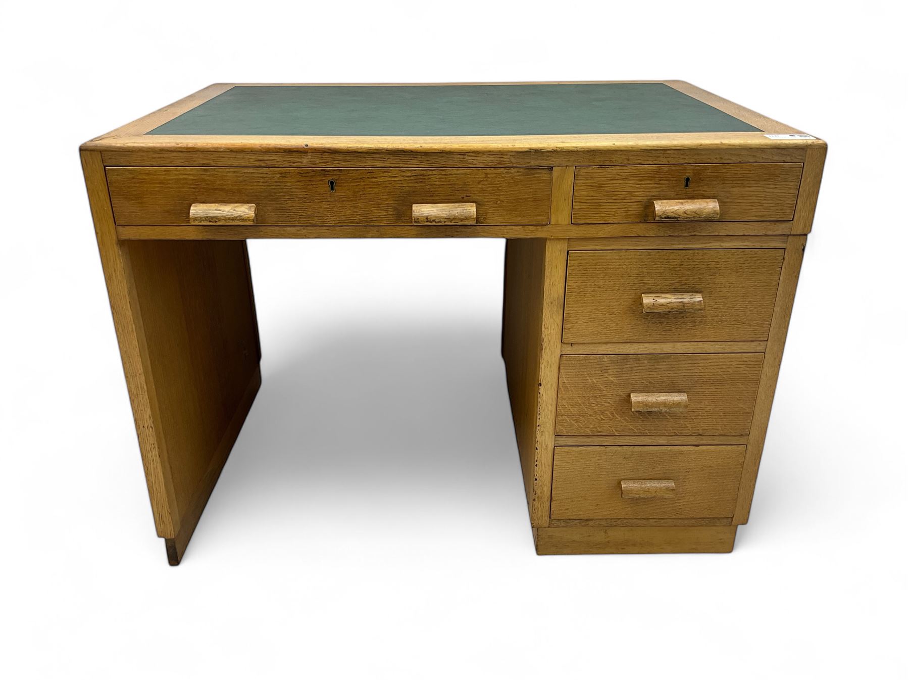 Early to mid-20th century oak pedestal desk, rectangular top with inset writing surface, fitted with five drawers 