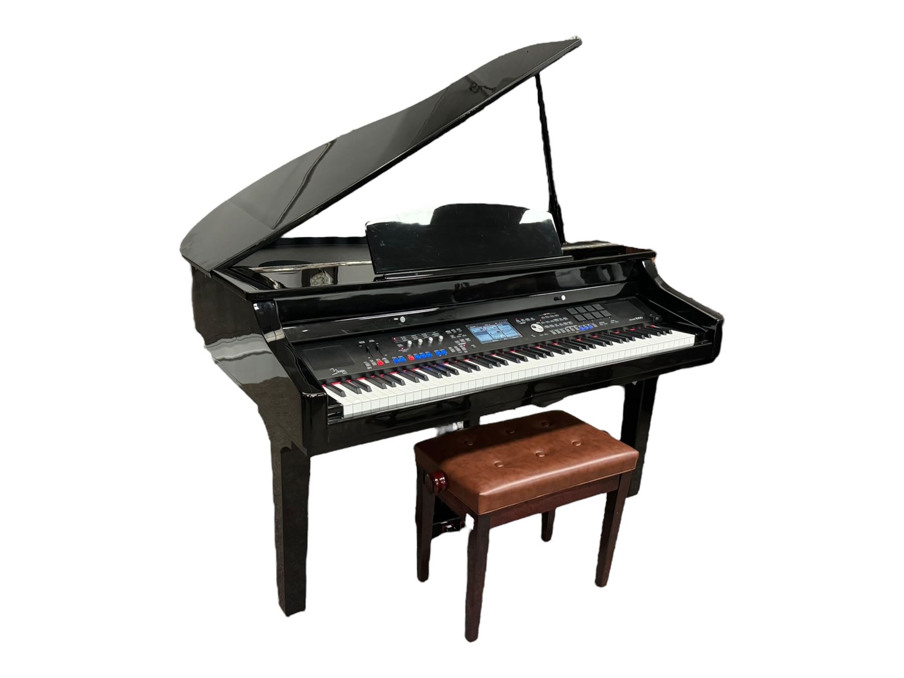 Minster Pianos - Grand 1000 digital grand piano with three foot pedals, touchscreen LCD display, 88 hammer action keys and 8 touch sensitive pads, housed within glossy black lacquered case; adjustable brown upholstered stool