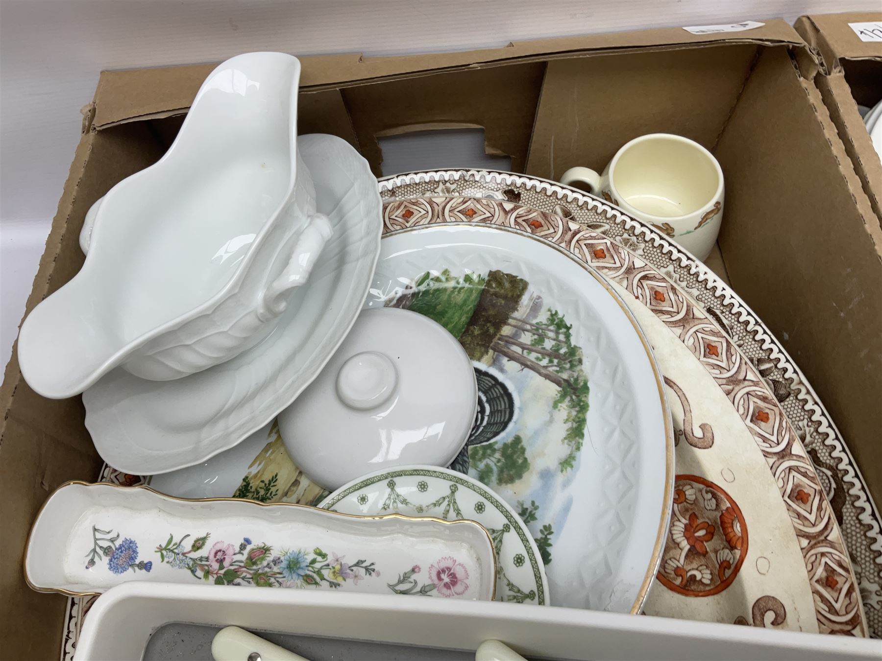 Four large meat platters, Royal Worcester Bunnykins mug and a large collection of other ceramics, including vases, dinner plates, teawares, etc, in five boxes 