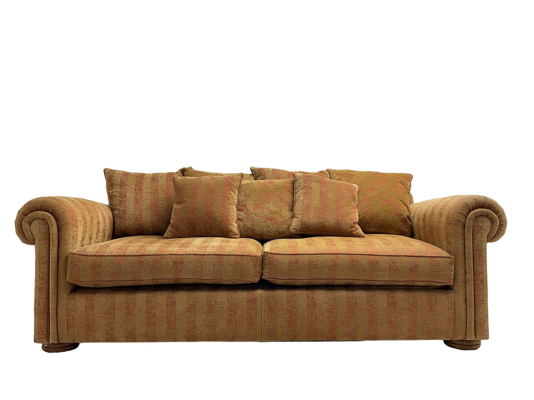 Duresta - 'Waldorf' sofa bed, traditional shape with rolled arms upholstered in red and gold striped fabric, together with scatter cushions upholstered in foliage pattern fabric