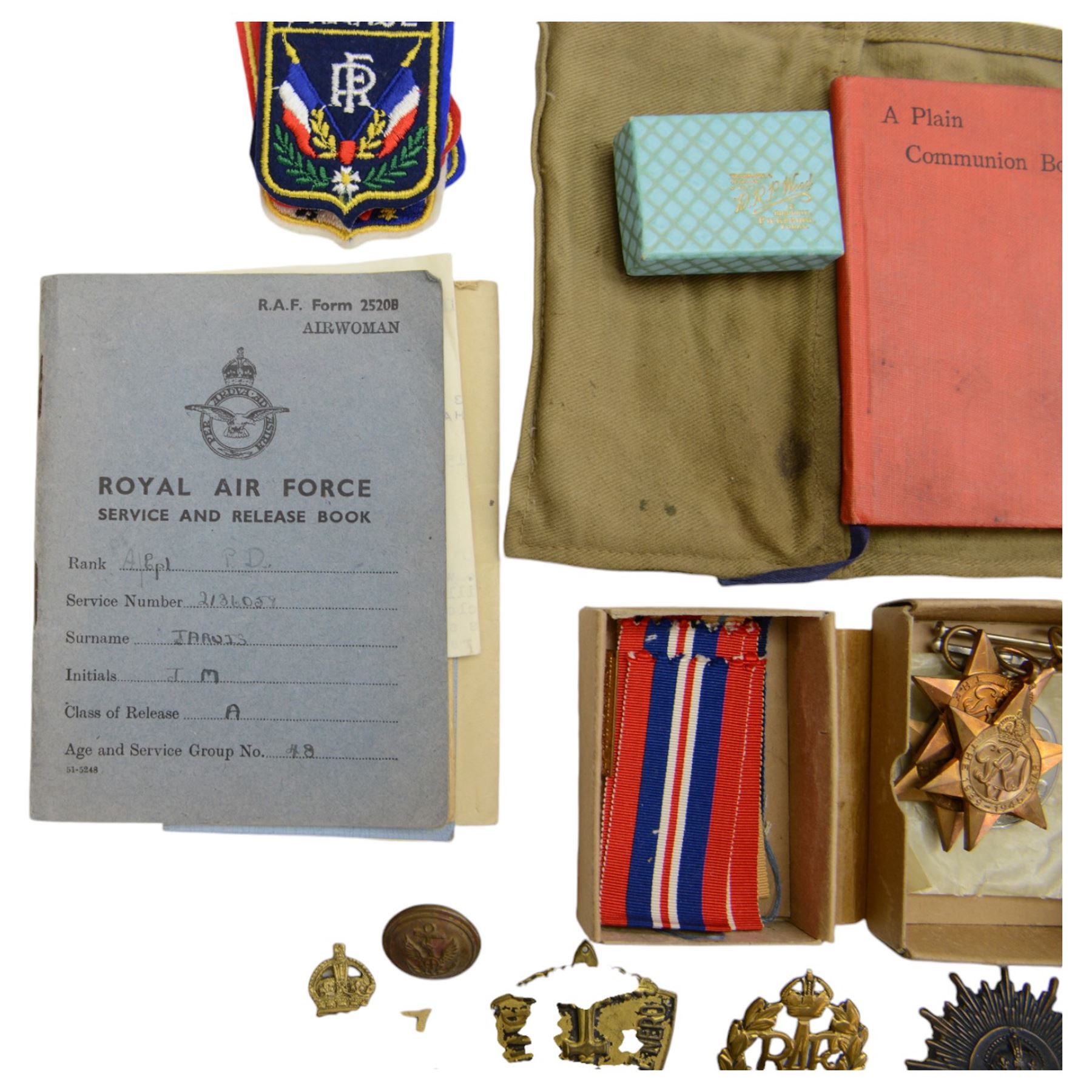 British WWII medals comprising 1939-45 war medal, Italy Star, Africa Star and 1939-1945 star, together with Royal Air Force service and release book for JM Jarvis, service number 2136059, together with RAF silver and enamel sweetheart broach and etc 