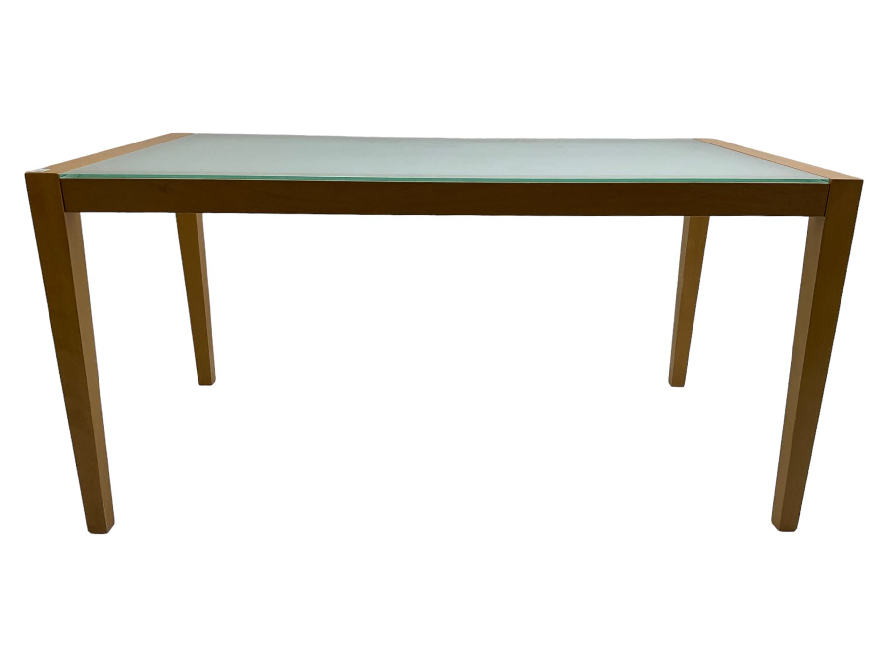 Contemporary beech framed dining table, rectangular frosted glass top on beech frame, square tapering supports