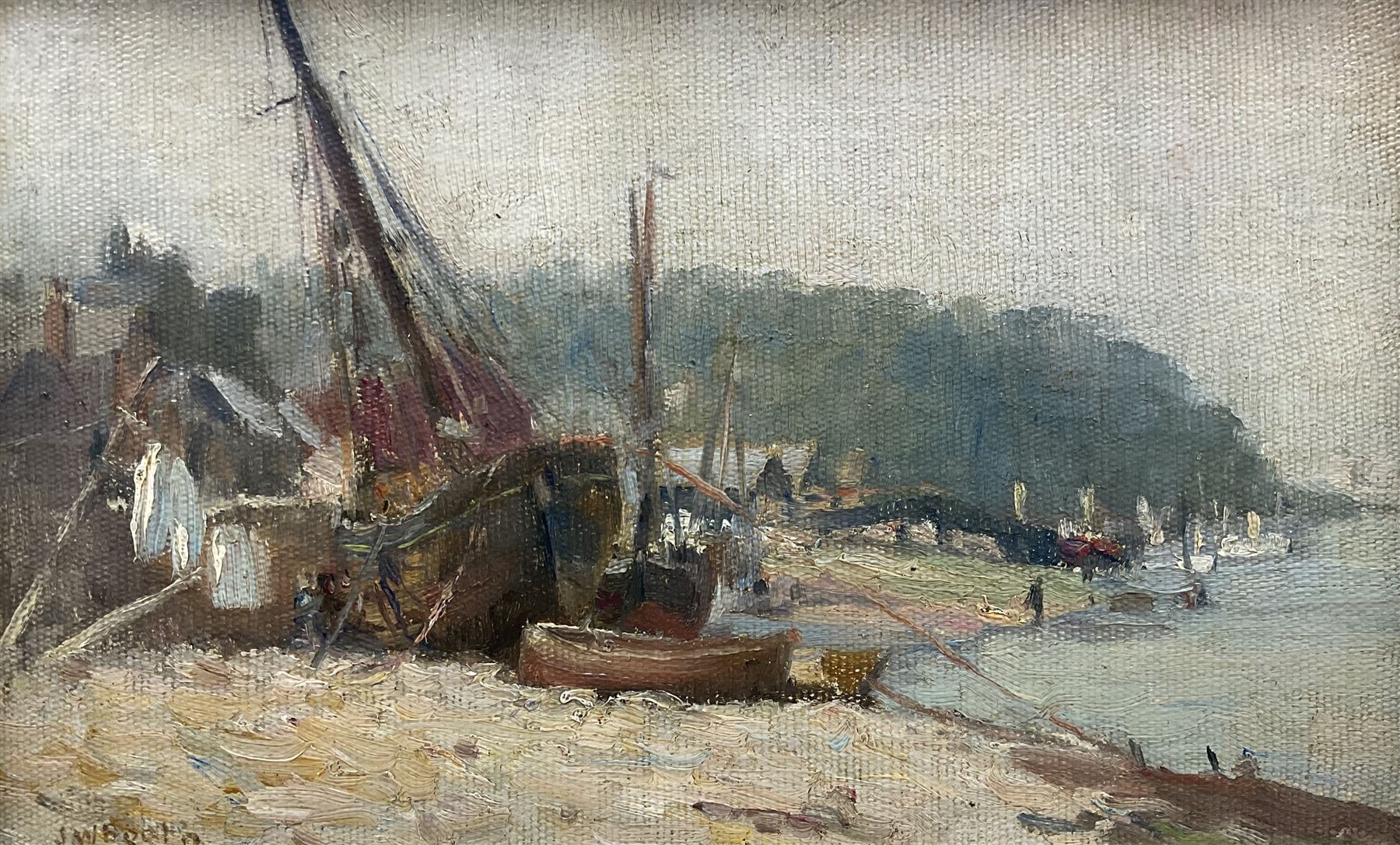 James William Booth (Staithes Group 1867-1953): Boats on the Riverside, oil on canvas laid on to board signed 15cm x 24cm