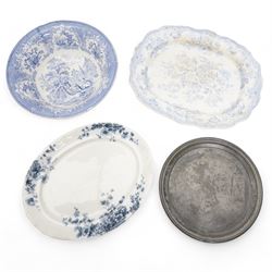 Pewter plate, 19th century blue and white wash bowl, Asiatic Pheasant pattern meat plate, L44cm and another meat plate (4)