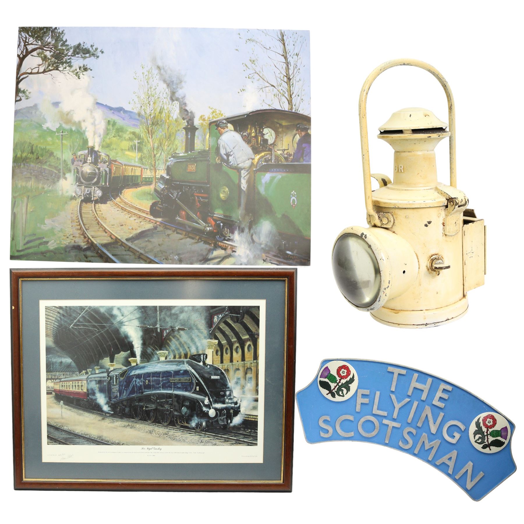 British Rail cream finish signalling lantern, H37cm, a large reproduction Flying Scotsman sign, W100cm, together with two signed railway prints including 'Sir Nigel Gresley', framed (4)