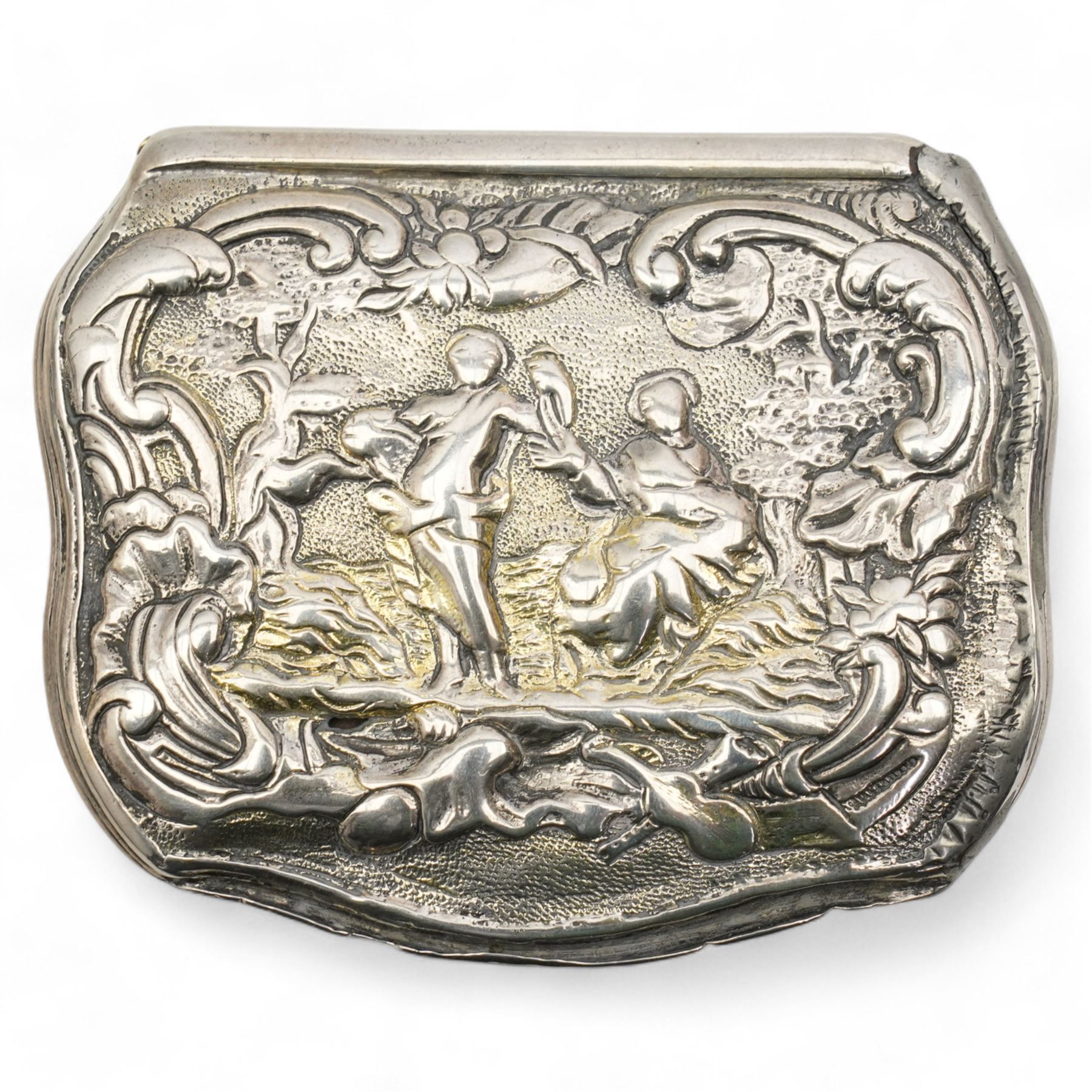 18th century Swedish silver snuff box of serpentine outline, the hinged cover with embossed classical figures, the base engraved 'Anno 1750' and with initials W7cm