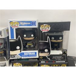 Thirteen Funko! Pop figurines of predominately Batman interest, to include 2016 ‘Batman Classic TV Series Batmobile’ and 2019 teal coloured ‘Batman’ Summer Convention exclusives, most in original boxes, with three similar boxed figures (16)