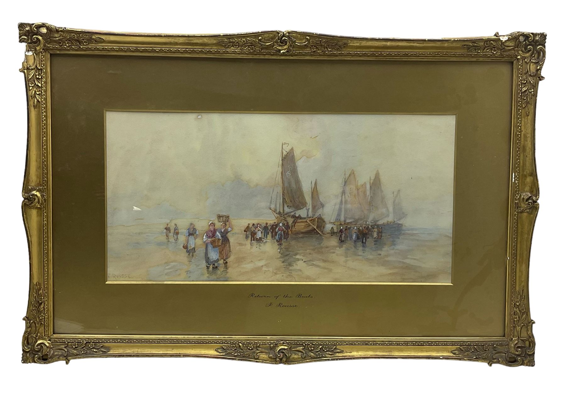 Frank Rousse (British fl.1897-1917): 'Return of the Boats', watercolour heightened with white signed, titled on mount 24cm x 49cm 