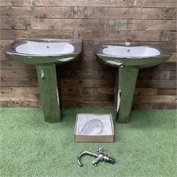Pair of chrome pedestal basins with single tap and pair of drains - THIS LOT IS TO BE COLLECTED BY APPOINTMENT FROM DUGGLEBY STORAGE, GREAT HILL, EASTFIELD, SCARBOROUGH, YO11 3TX