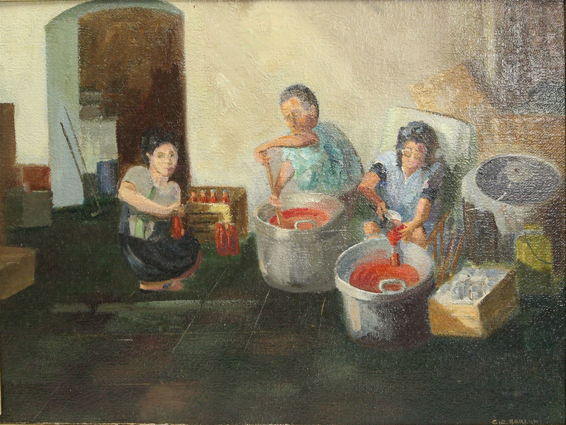 Gordon Clifford Barlow (British 1913-2005): 'Making Tomato Puree', oil on board signed, inscribed verso 39cm x 52cm