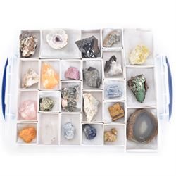 Collection of twenty-three mineral specimens, including orange calcite, realgar, conichalcite etc 
