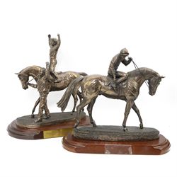 'The Weatherby's Ireland Greenlands Stakes Gr3 Winner - The Curragh 26th May 2012' - bronze resin group by Genesis Fine Art, Ireland with racehorse, jockey and lad on wooden base 34cm x 32cm and another of horse and jockey (2)