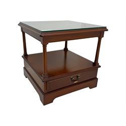 Cherrywood lamp table, square moulded top over undertier and single drawer 