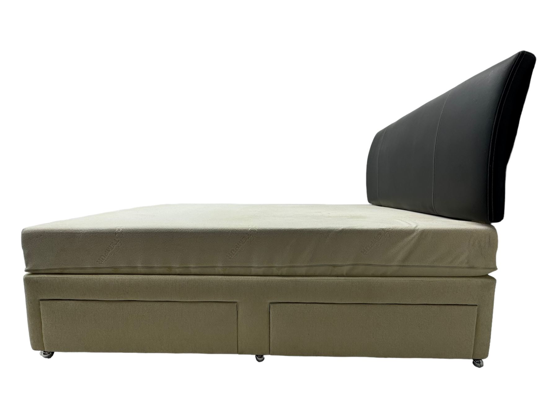 Contemporary king size 5' Tempur divan bed, black leather upholstered headboard, beige fabric divan base with four drawers; Tempur 'Combi HD' mattress with removable cover (200 x 150 x 20cm)