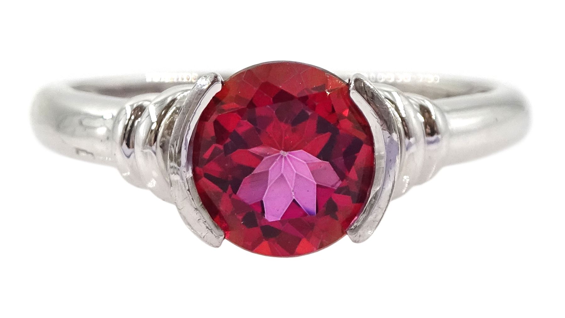 9ct white gold single stone round red topaz ring, hallmarked