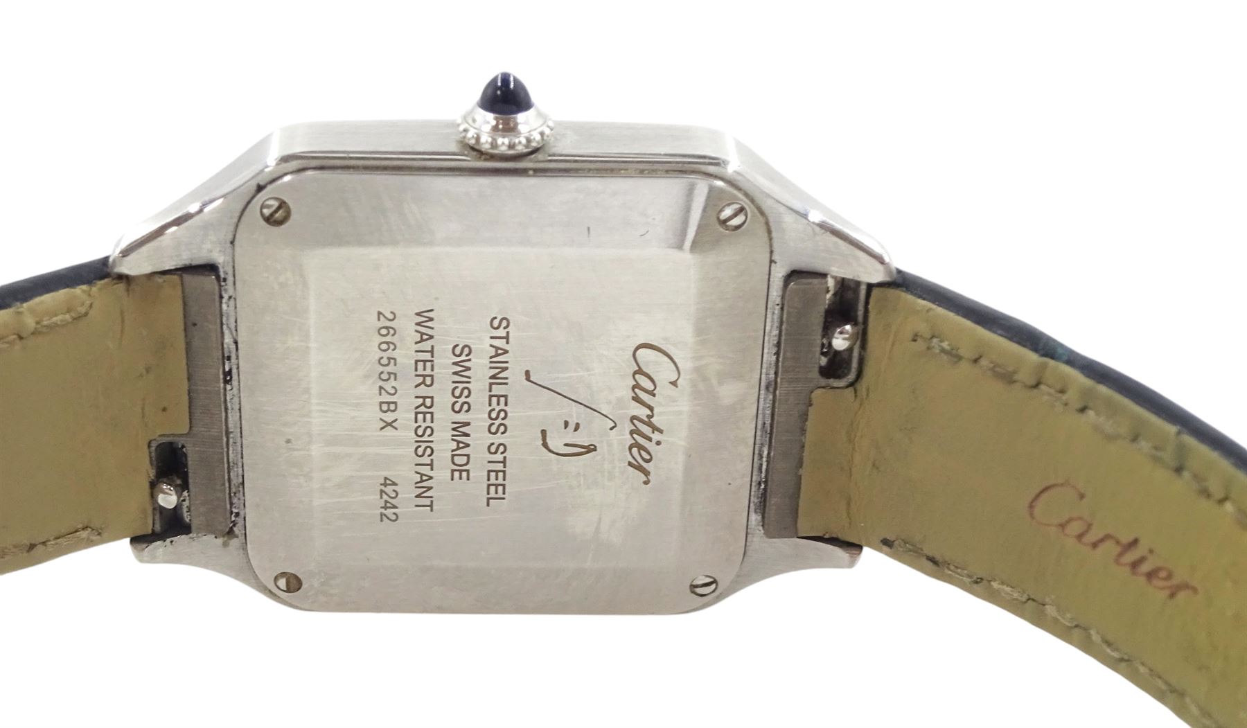 Cartier Santos Dumont ladies stainless steel quartz wristwatch, Ref. 4242, serial No. 266552BX, silvered dial with Roman numeral hour markers and secret signature at 7, on original leather strap with Cartier buckle