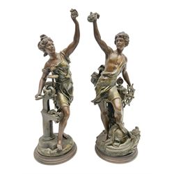 After Charles Octave Levy, pair of bronzed spelter figures, 'Industrie' and 'Commerce', upon stepped wooden plinth, H42cm