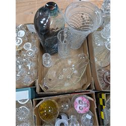 Collection of glassware, including paperweights, decanters, vases, bowls, drinking glasses, etc, in six boxes 