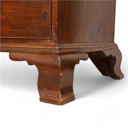 George III mahogany chest-on-chest, projecting dentil cornice over blind fretwork frieze, fitted with two short and six long cock-beaded drawers, ornately cast swan neck handles and circular beaded plates, on splayed ogee bracket feet 