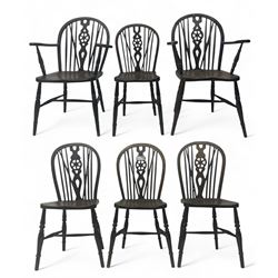 Set of six 19th century elm and ash dining chairs, hoop back with pierced wheel-shaped cen...