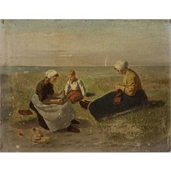 After J S Lomers (French 19th Century): Family at the Beach, overpainted print on panel 21cm x 26cm 