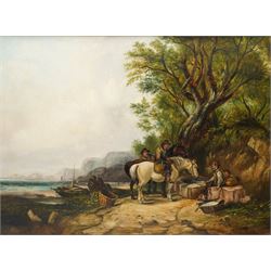 F G Hooper (British 19th Century): Travelers Resting Beside the Water, oil on canvas signed and dated 1885, 48cm x 67cm