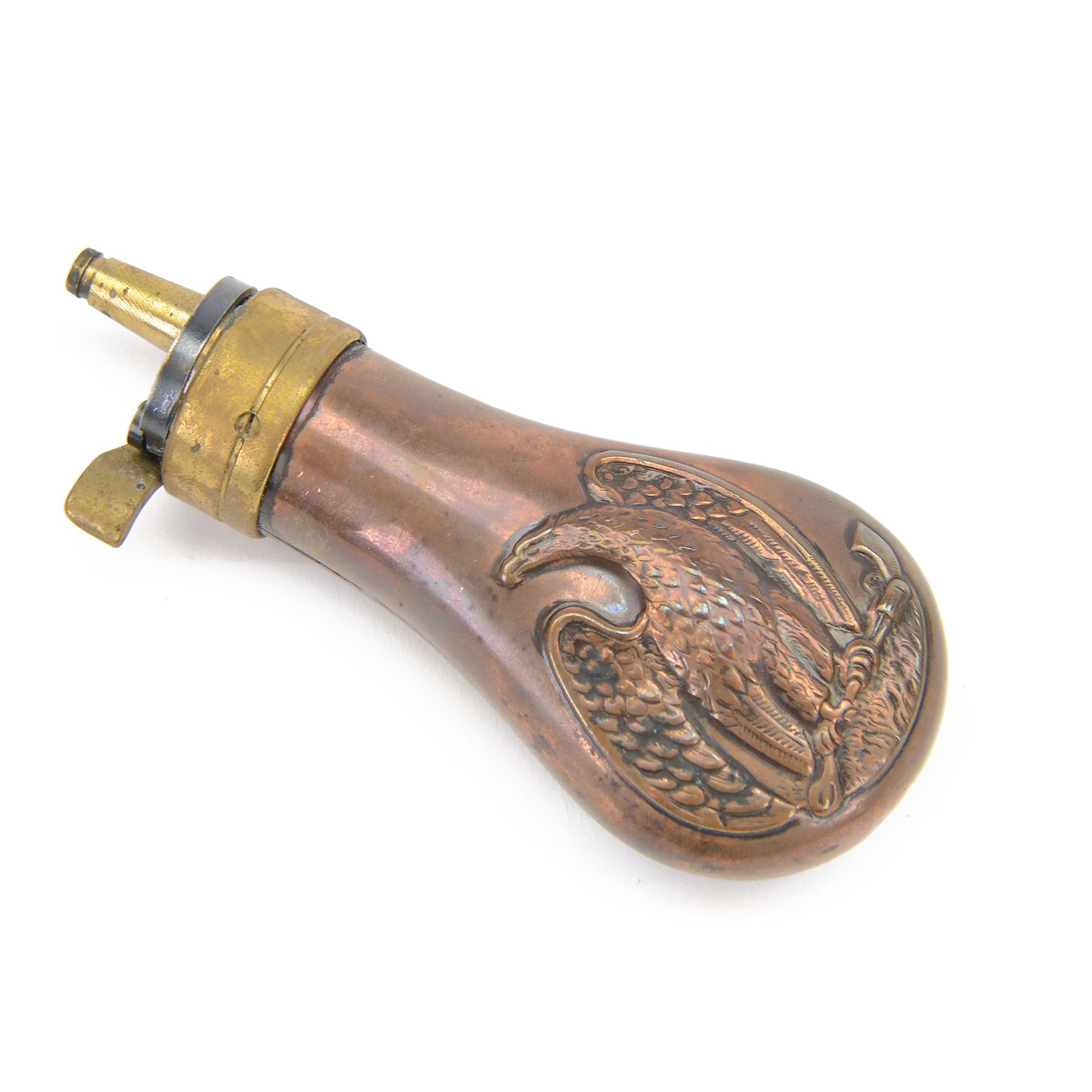 Colt pistol copper and brass powder flask embossed with an eagle H11cm