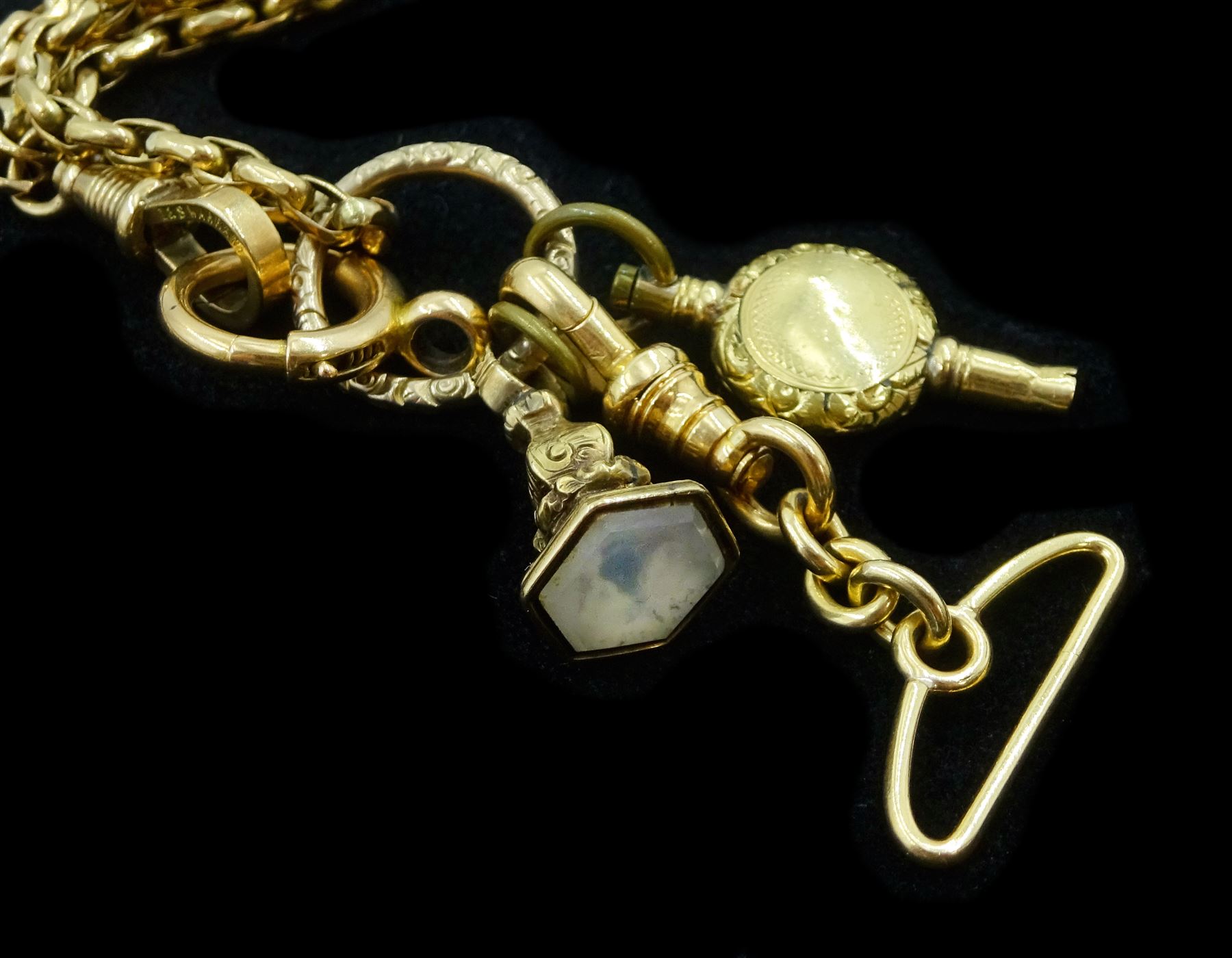 Victorian 9ct gold muff / cable link chain necklace, with gold-plated watch winder and fob and two later 14ct gold clips