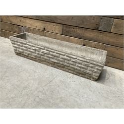 Pair of square cast stone planters, single planter with leaf decoration and a rectangular brick effect planter (4)