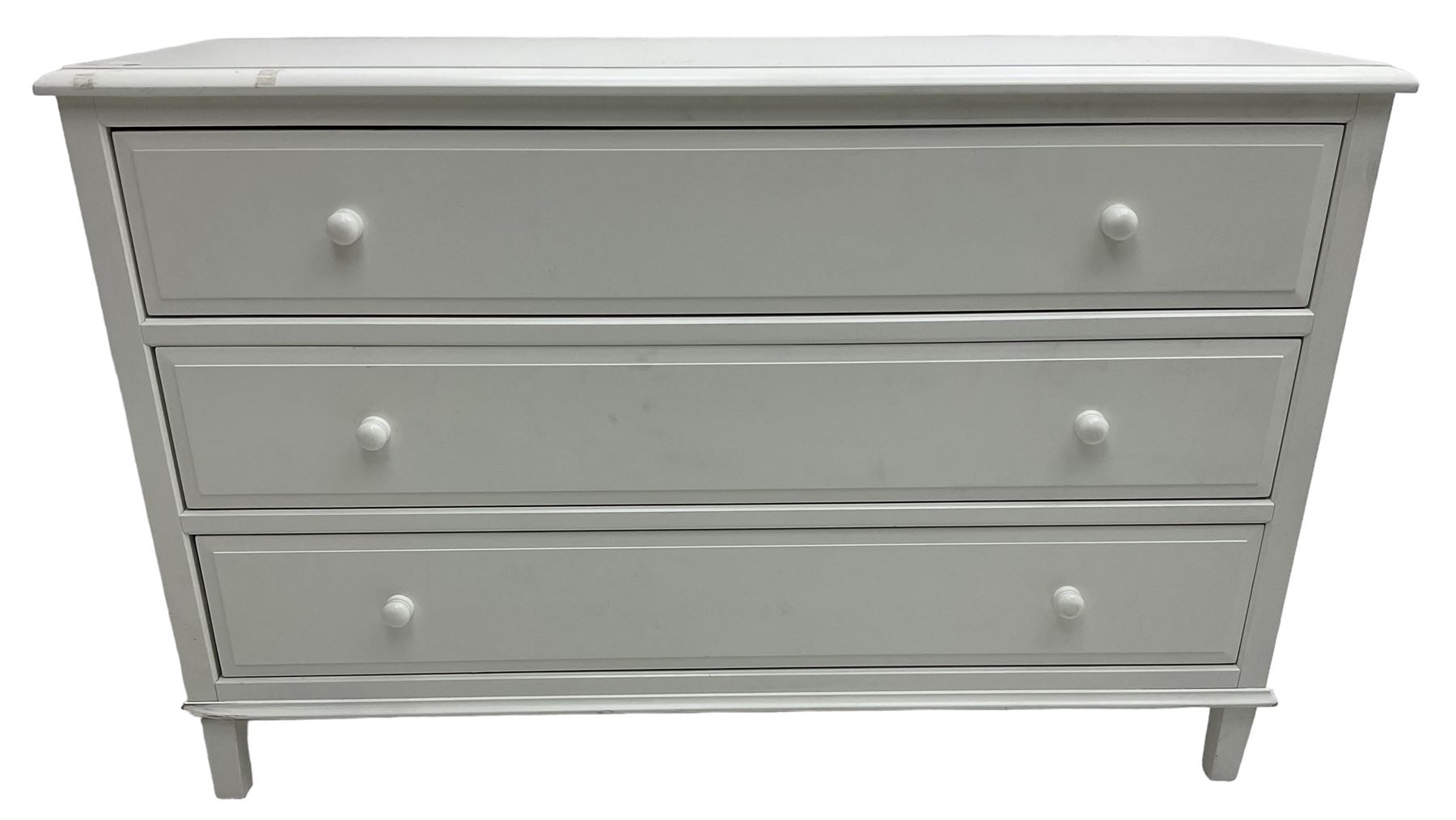 Contemporary wide white painted straight-front chest, fitted with three drawers