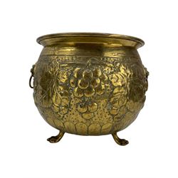 19th century copper coal scuttle, brass twin-handled planter, the bulbous body embossed with fruiting vines, H23cm (2)