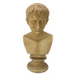 After Antonio Canova (1757 - 1822): 'Young Augustus', faux marble bust on socle plinth, with a faux marble Corinthian column pedestal, H118cm overall 